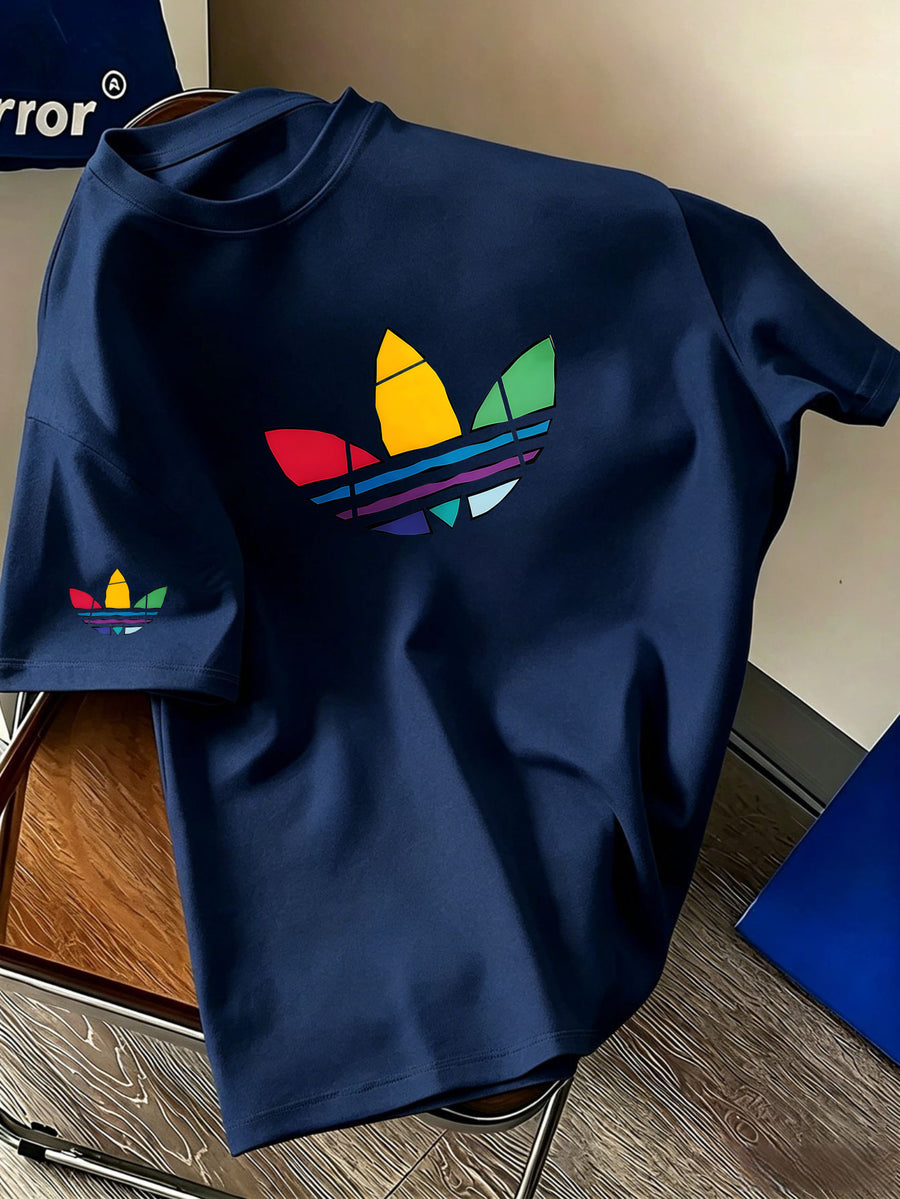 Men's Summer Casual Sports T-Shirt Colorful Trefoil Print Design Street Casual Trendy Design Suitable for Multiple Occasions Sporty Style Round Neck Breathable Quick-Dry Daily Wear - Navy Color