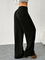Women's Solid Color Straight Leg Loose Casual Sports Pants, New Style Ribbed Long Pants for Morning/Evening Run, Outing, Home, Perfect Choice for All Seasons, Machine Washable - Black