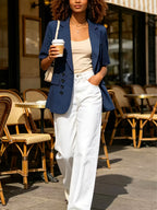 Women's Short-Sleeve Blazer Jacket, Summer Navy Blue, High-End Thin Lightweight Style, Simple and Professional Look, Versatile Commuting and Casual Wear, Elegant Designer Top - Navy Color