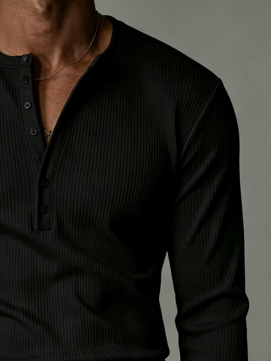 Men'S Long Sleeve, Multi-Color Optional Ribbed Henley Slim Fit Casual Solid Top, High-Quality Fitted T-Shirt - Black