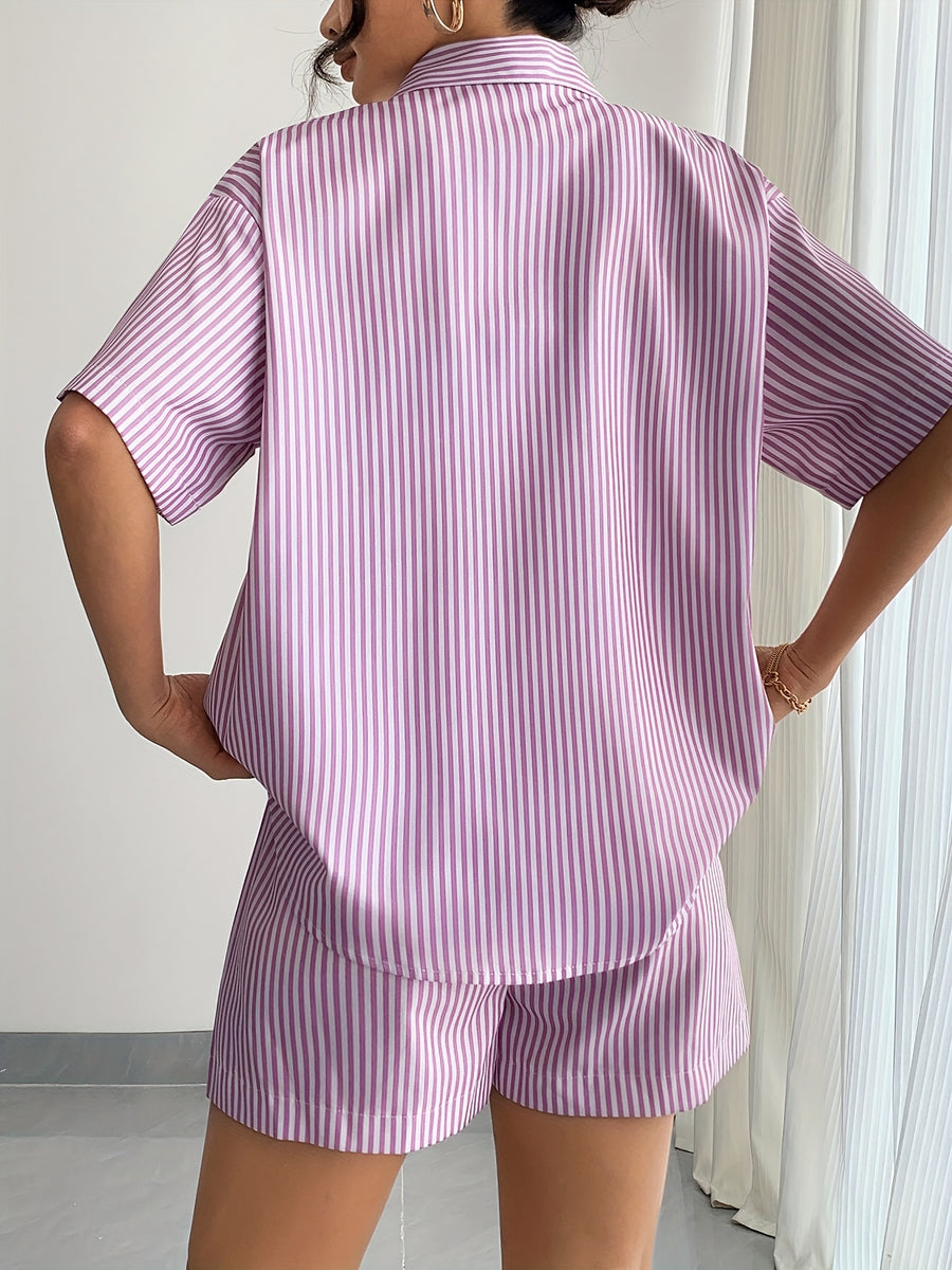 2025 Summer New Three-Piece Set Featuring a Striped Print Cami Top, Knotted Front Shorts, And a Shirt - Violet