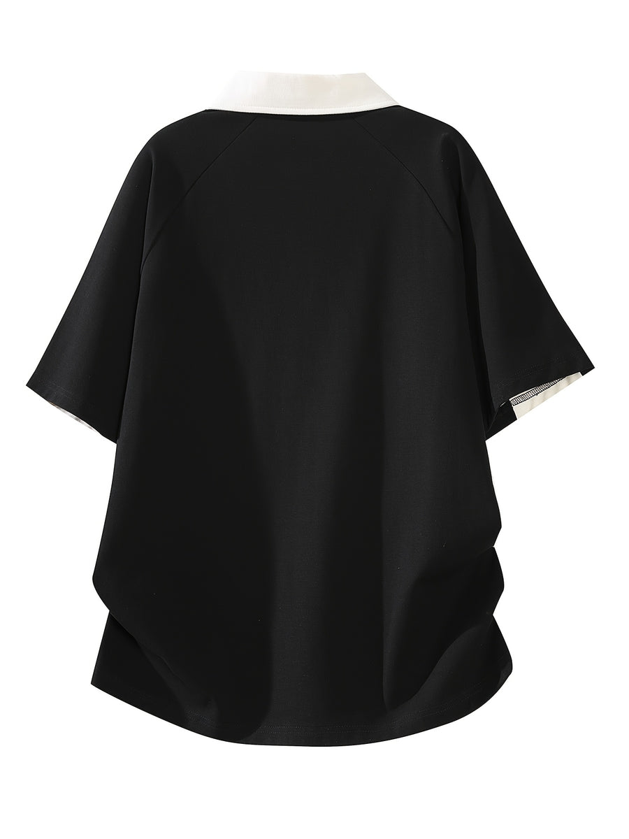 Spring Summer Men'S Mature Versatile Polo Shirt, Contrast Color Patchwork Short Sleeve, Casual Athletic Top - Black