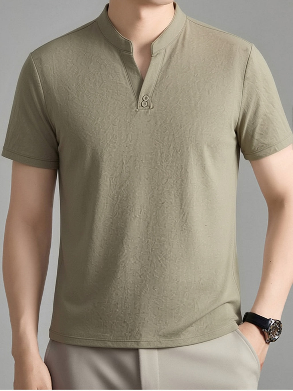 Men's Summer Short-Sleeve T-Shirt, Featuring a Stand-up Collar and Henry Collar Dual Design, with a Comfortable Texture Suitable for Both Business and Casual Wear - Khaki