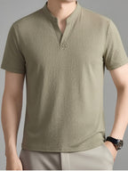 Men's Summer Short-Sleeve T-Shirt, Featuring a Stand-up Collar and Henry Collar Dual Design, with a Comfortable Texture Suitable for Both Business and Casual Wear - Khaki