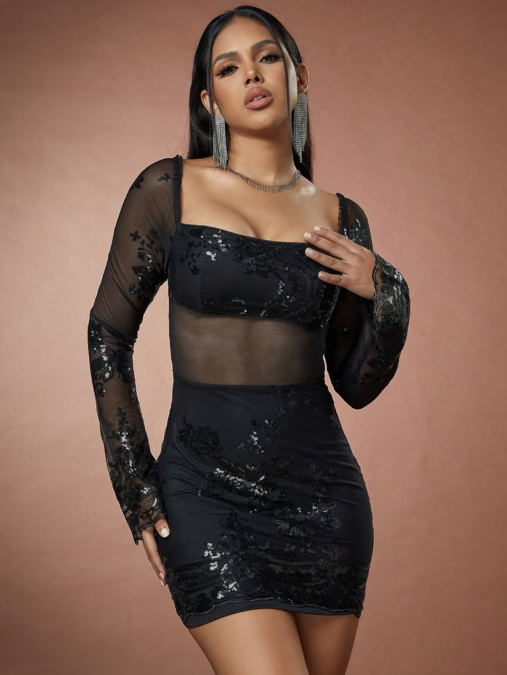 Sexy Slim-Fit Sequin Patchwork Mesh Sheer Long-Sleeve Party Evening Gown - Black