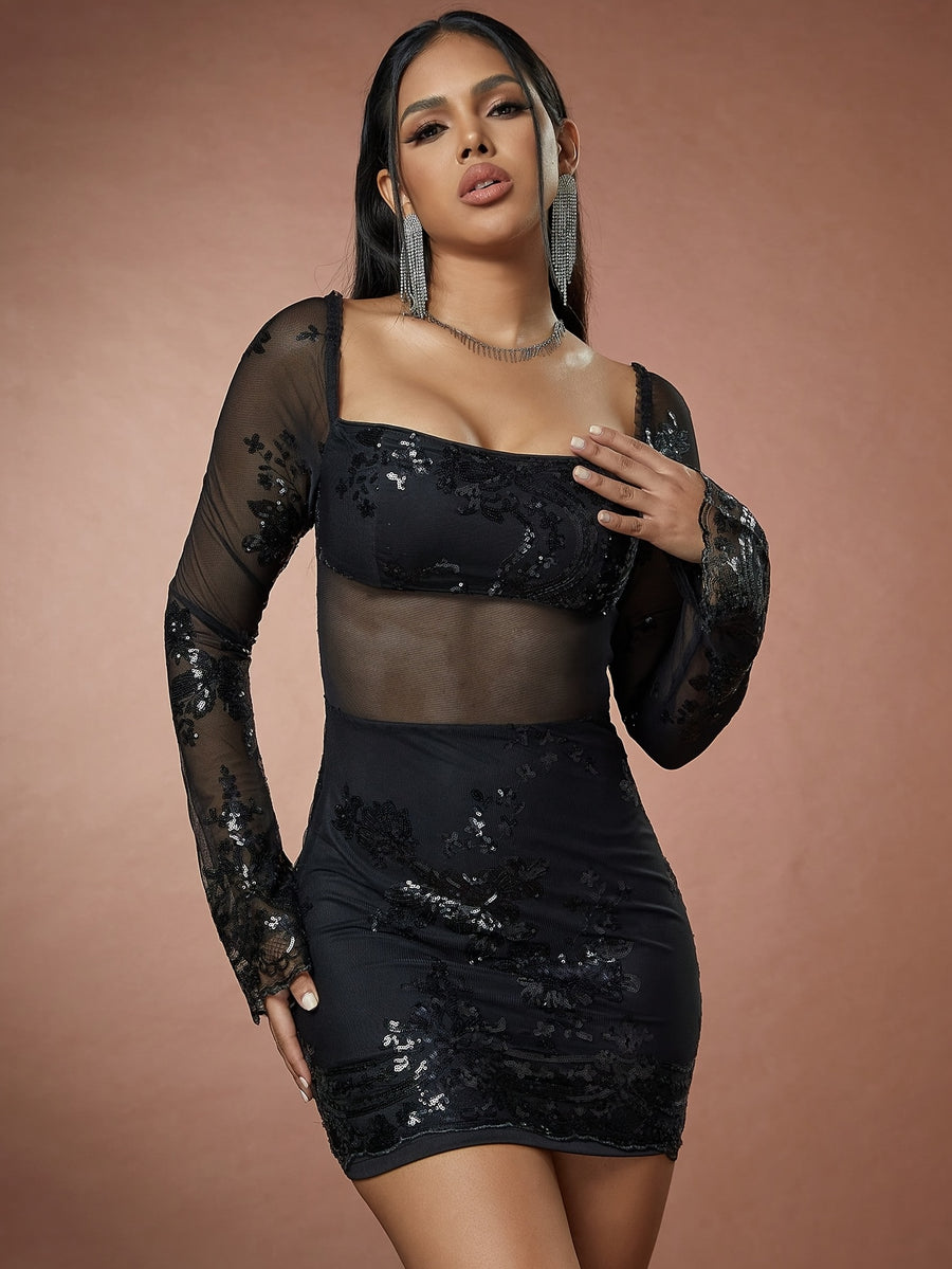 Sexy Slim-Fit Sequin Patchwork Mesh Sheer Long-Sleeve Party Evening Gown - Black