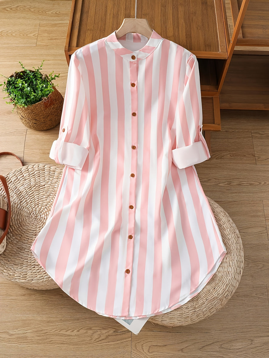 Women's Fashion Striped Long Shirt - Pink