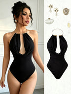 New Women's Red Sexy Sleeveless Backless Bodysuit for S, Base Layers, and Dance Wear - Black