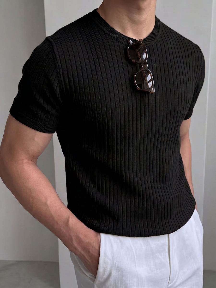 LVLAEA Men's Solid Color Ribbed Knit T-Shirt - Stretch Short Sleeve Round Neck Athletic Top, Breathable Gym & Casual Wear Suitable for Running, Workout, Daily Use, Father's Day/Christmas Gift, Non- Solid Color Shirt - Black