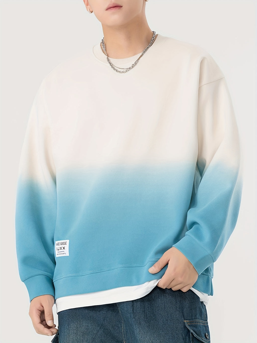 New Autumn Round Neck Sweatshirt, Men's  Gradient Color 2-in-1 Look Hem Sweatshirt, Burgundy Gradient - Cream Color