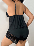 Plus-Size Two-Piece Lace Camille Pajama Set, Sexy Shorts, Casual Floral Pajamas, Fitted Regular Length, Suitable for All Seasons - Black