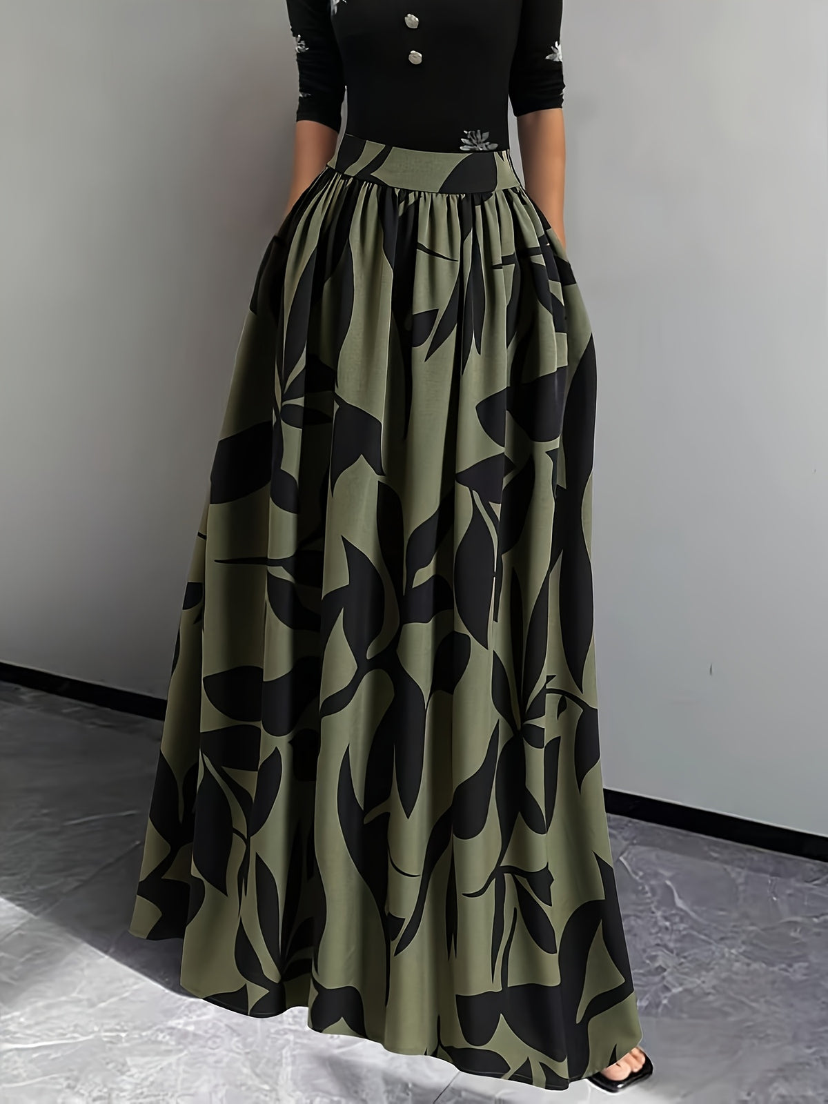 New Spring/Summer/Autumn Women's Printed High-Waist A-Line Skirt, Summer Vacation Dress - fern green