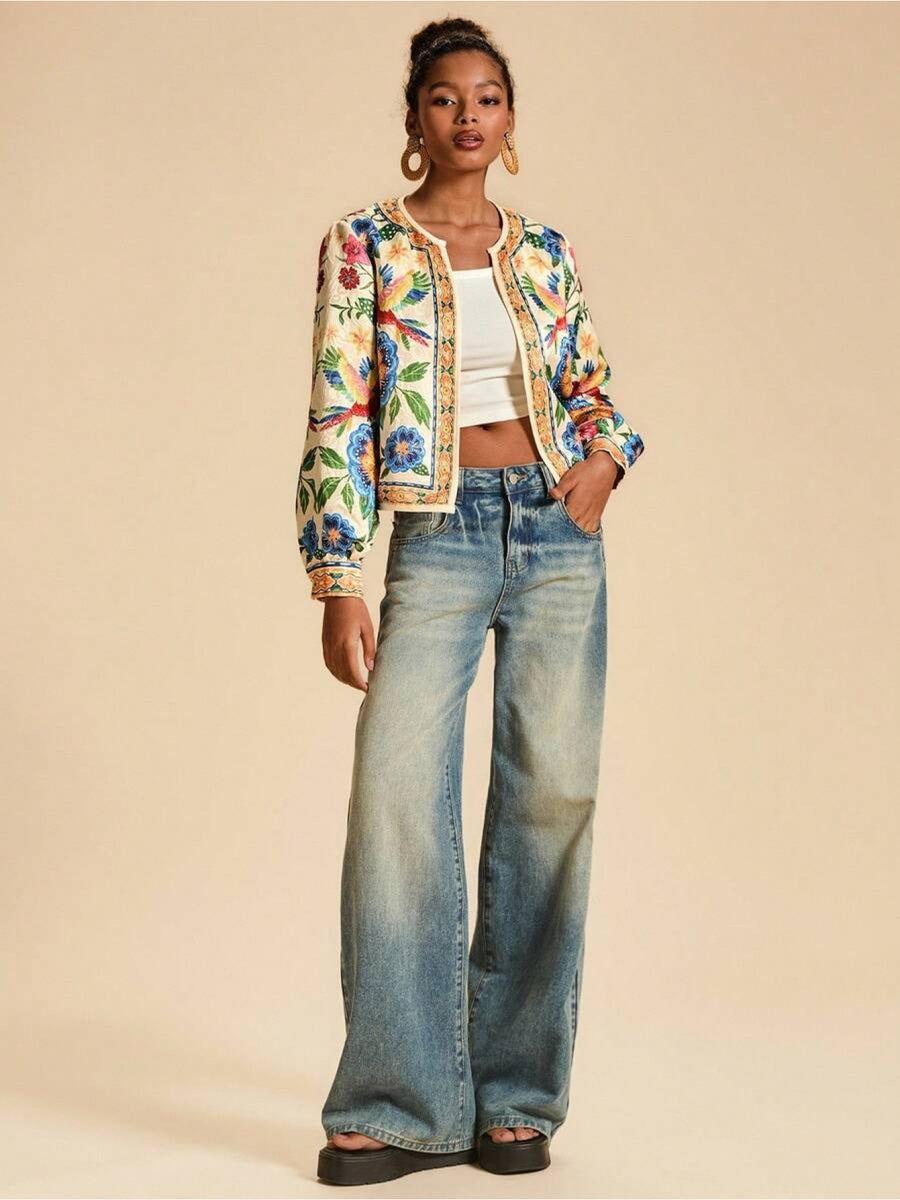 Floral Print Casual Jacket for Women, Open Front Light Beige Boho Autumn Vacation Holiday Wear, New Year Look Western Style Tropical Summer - Multicolor