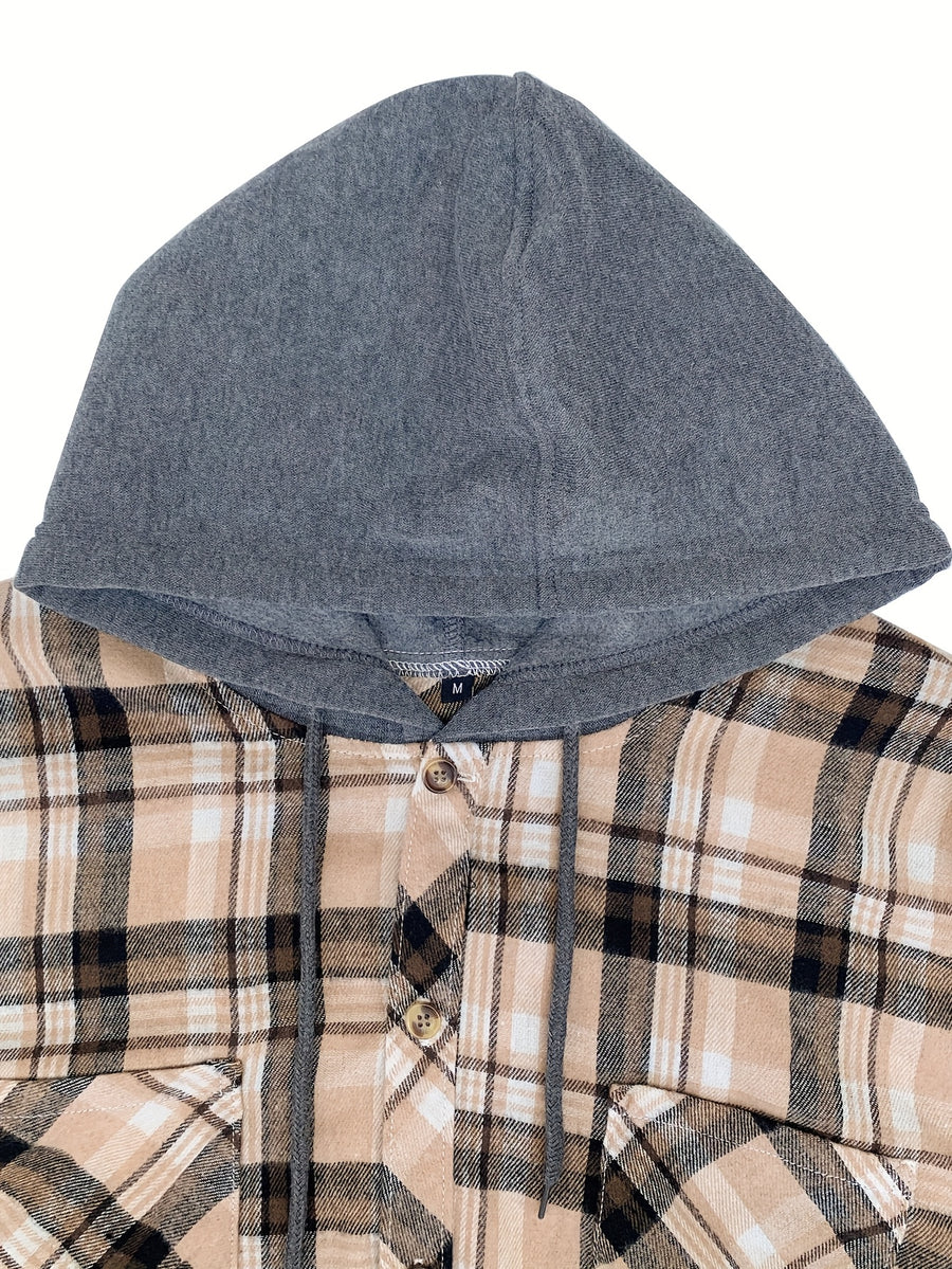 Men'S Plaid Hooded Sweatshirt Flannel Shirt Jacket Long Sleeve Casual Fashion Button-Up Shirt - Khaki - gray black