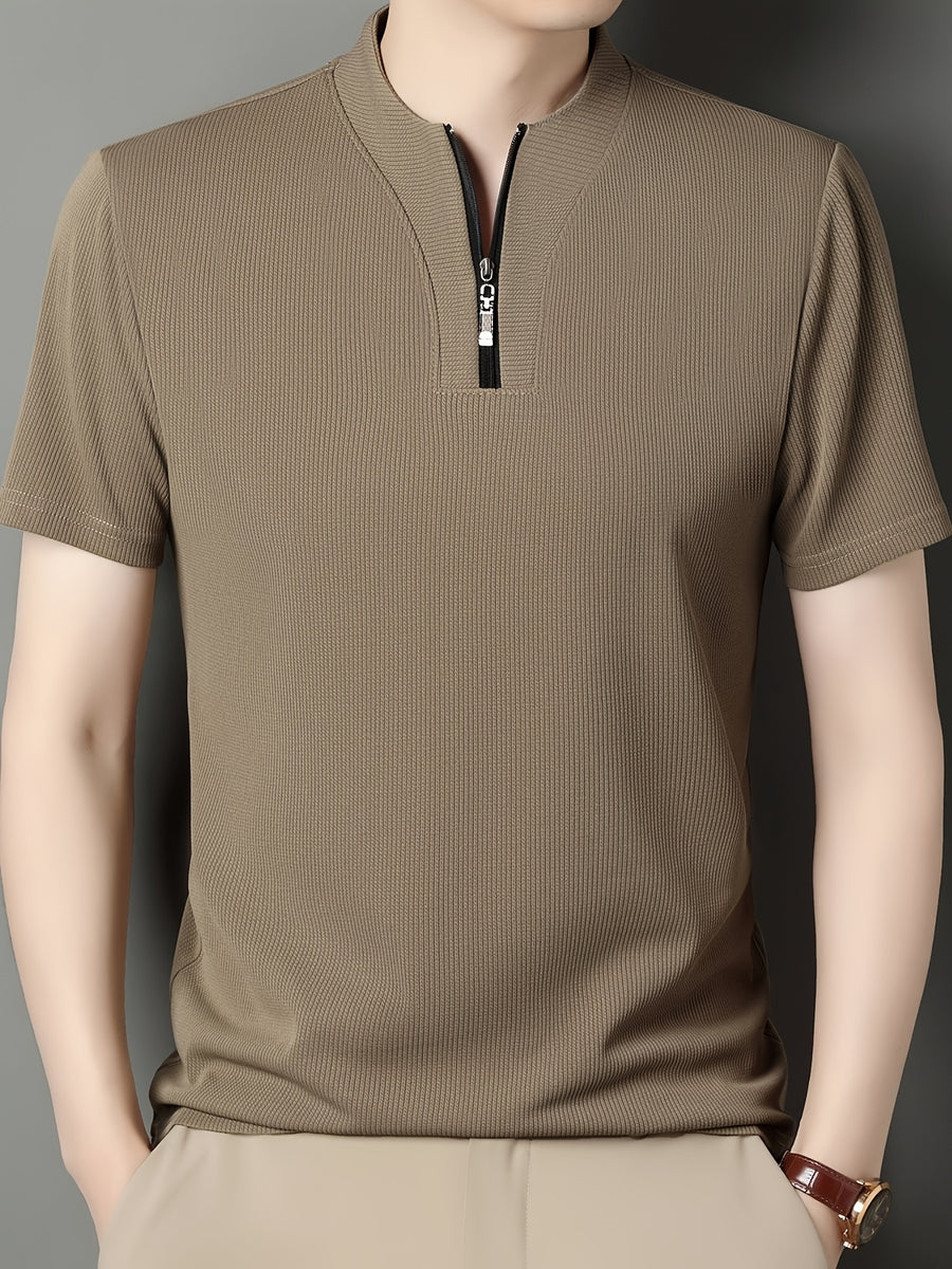 SaXing OBM New Spring/Summer Men's Polo Shirt, Solid Color Textured Ribbed Cable Knit Half-Placket Zipper Style Stand Collar Short Sleeve T-Shirt, Men's Business Casual Fashionable Breathable Versatile Henley Knit Pullover Base Layer Top - Khaki