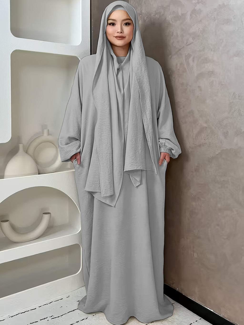 1pc And Abaya One-Piece Dress, Prayer Jilbab Fashionable, Elegant And Casual Solid-Colored Puff Sleeve Suitable for Daily Wear. Loose And Comfortable Women'S Abaya Robe - Light Grey