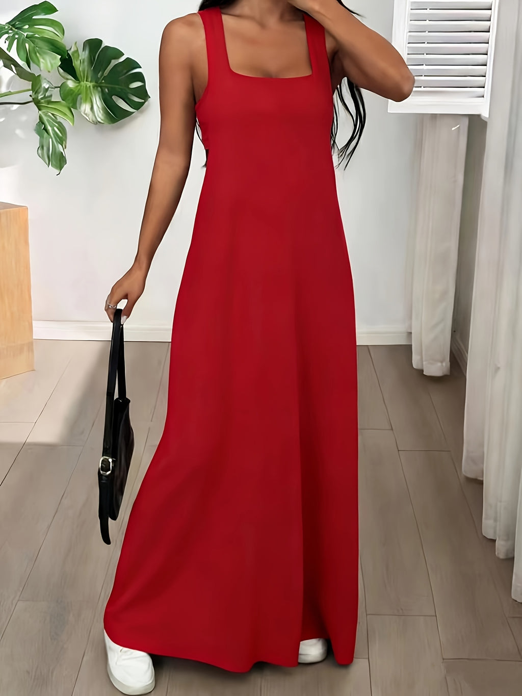 The Solid Color Asymmetrical Neckline Sleeveless Casual Dress Set Is Perfect for Summer Wear - Red