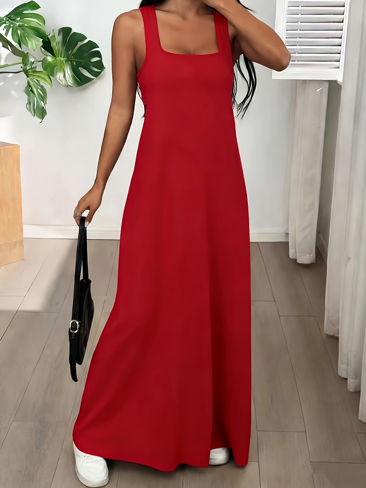 The Solid Color Asymmetrical Neckline Sleeveless Casual Dress Set Is Perfect for Summer Wear - Red