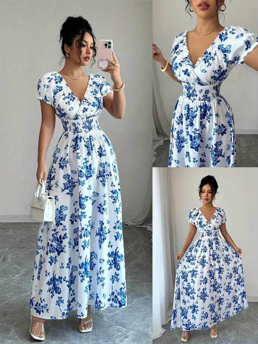 V-neck Ruffle Design, Floral Print Fabric, Elastic Waist Slim-Fit Short Sleeve Women's Dress, Elegant Party Wear, Date Night - Mixed colors