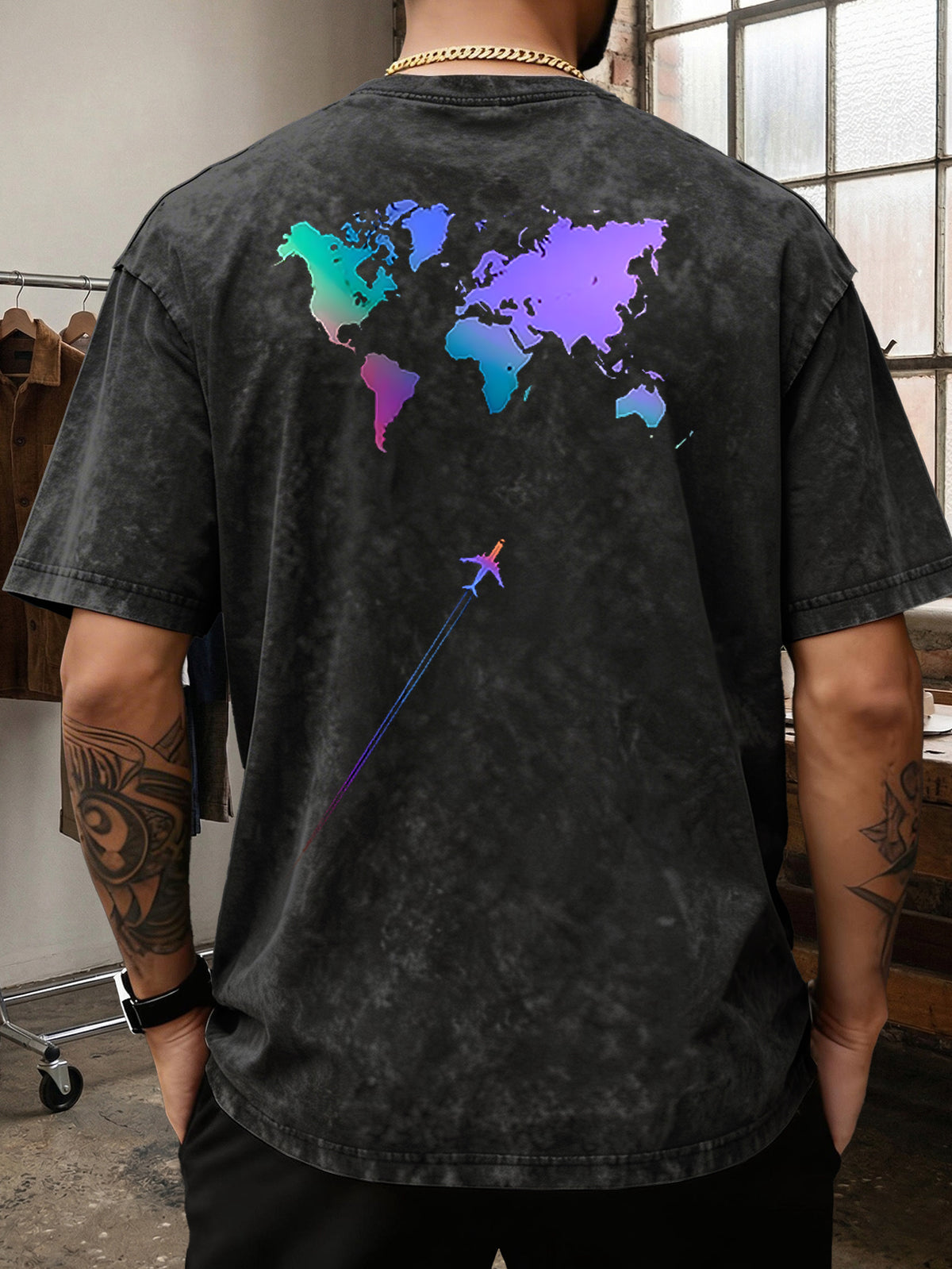 Men's Heavyweight T-Shirt Washed Distressed Gradient World Map Airplane Fashion Print Vintage Heavy Cotton Streetwear High Street Style Summer Casual Versatile Gym Fitness Daily Commute Tee 2026 Urban Fashion - Black
