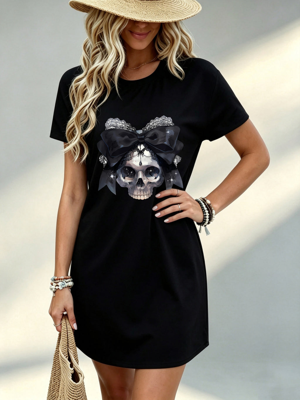Printed Design - Not Textured, Casual, Women Dress, Skull with Bow Print, Daily Wear, Gift for Her, 100% Polyester - Black