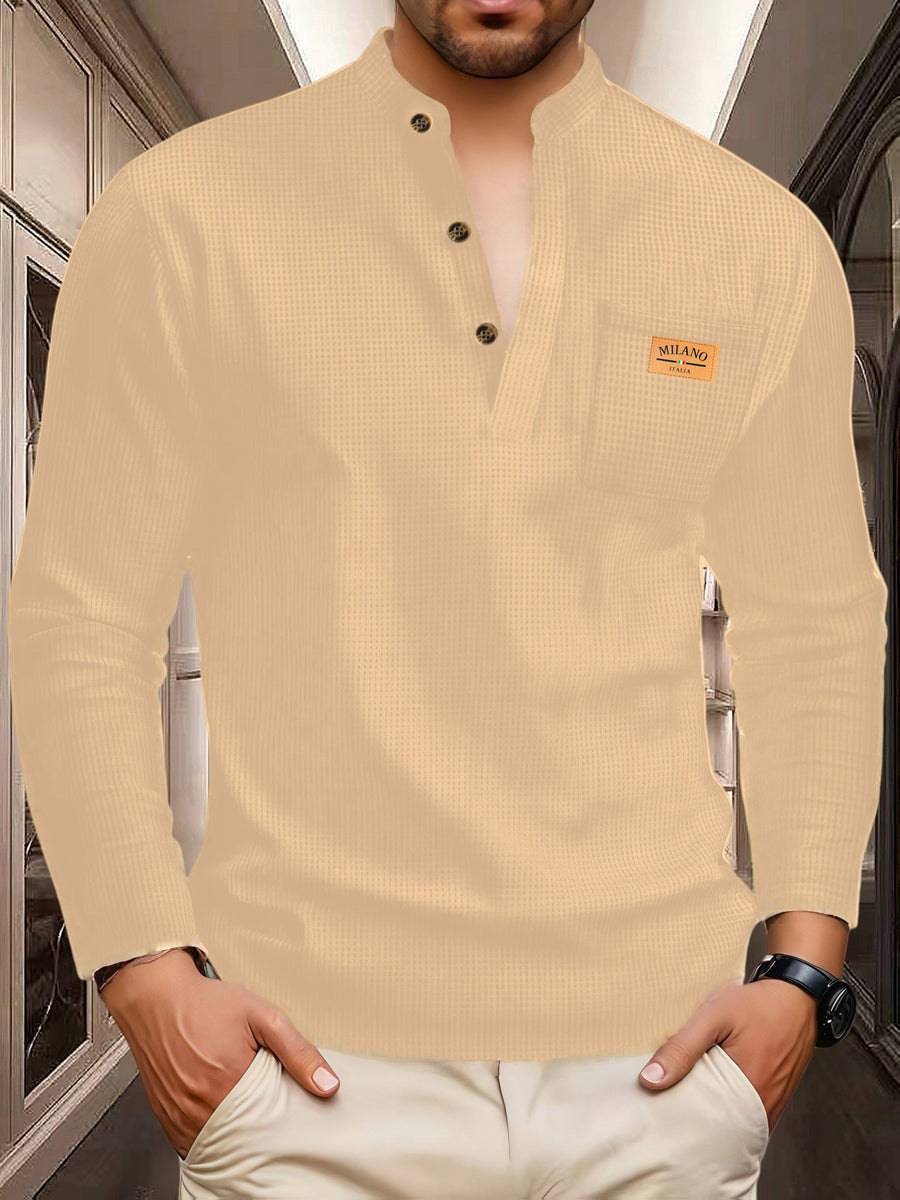 Maqiqi OBM Men's Fashion Waffle Knit Long Sleeve Henley Shirt, Stand Collar Button-Up Top with Chest Pocket and Positioned Printed LOGO, Casual Regular Fit Solid Color Spring/Autumn Daily Top - Khaki