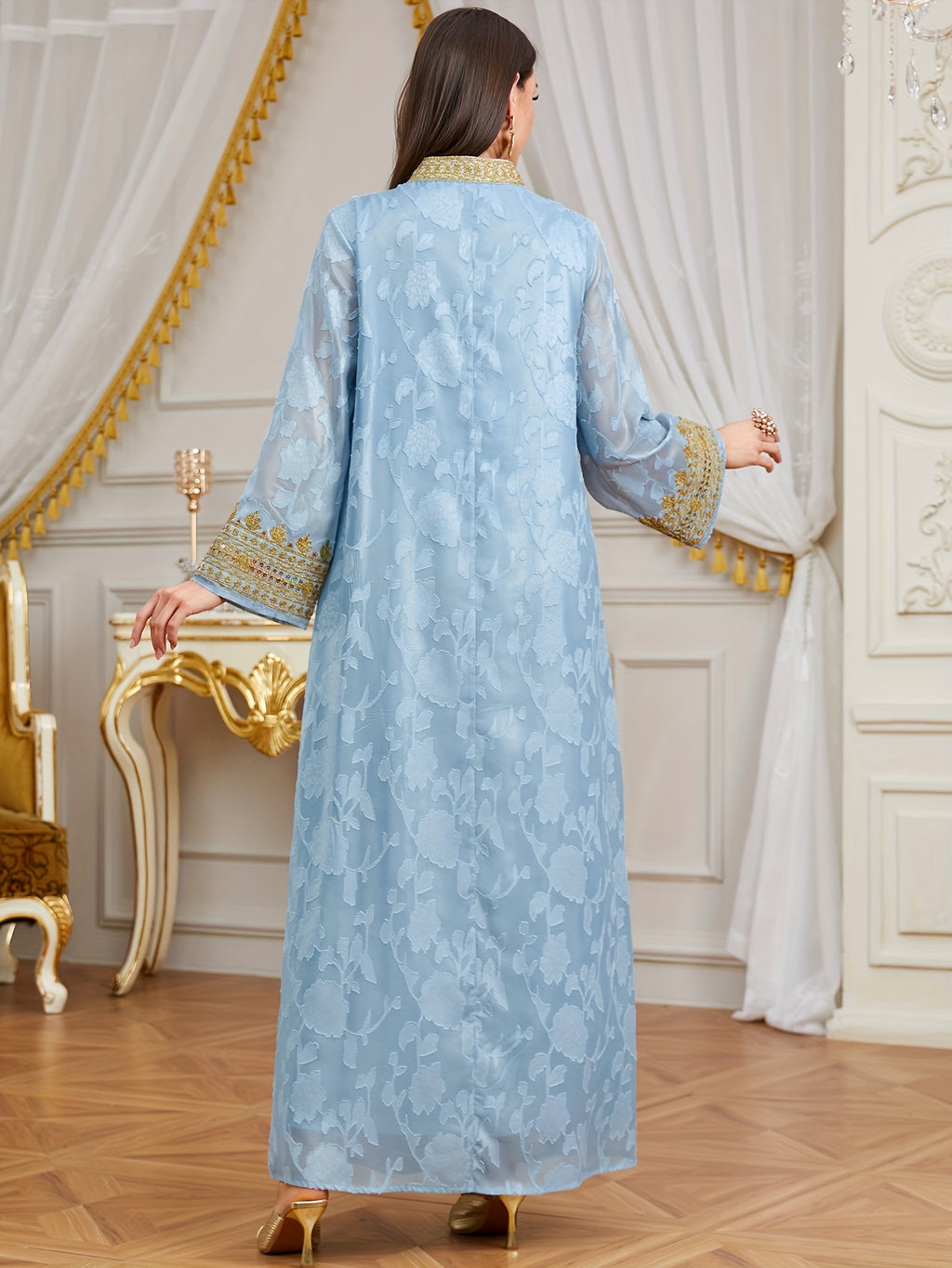 Women's Muslim Middle Eastern  New Rope Embroidery V-Neck Long Dress for Eid Al-Adha and Eid Al-Fitr Banquet Elegant Dress - Light Blue