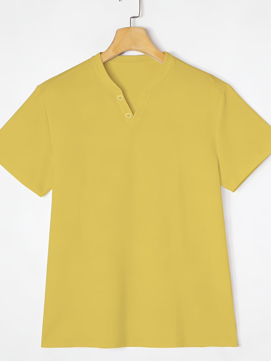 Men'S Summer Solid Short Sleeve T-Shirt, Button-Up V-Neck Casual Top, Soft And Comfortable Linen Fabric, Suitable for Daily Home And Outdoor Wear - Yellow