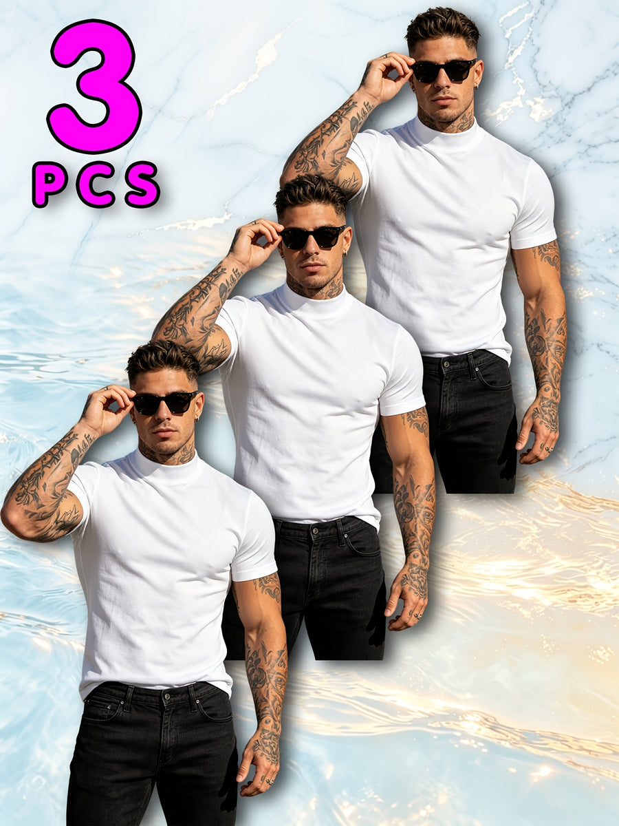 3pcs Fashionable Men's Cotton Sport Tops, Summer/Spring-Summer New Arrival, Skin-Friendly, Small Stand-Up Collar, Short Sleeve, Slim Fit, Casual, Men's Trendy, Versatile, and Simple Style - Mixed colors