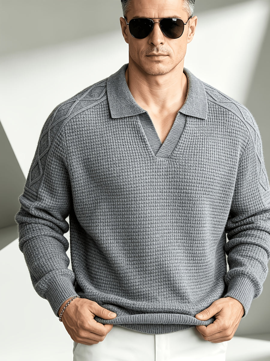 Business Mature Casual Men'S V-Neck Lapel Long Sleeve Jacquard Knit Polo Sweater, Soft Warm Textured Pullover Top, Suitable for Daily, Office, And Weekend Wear in Autumn And Winter - Light Grey