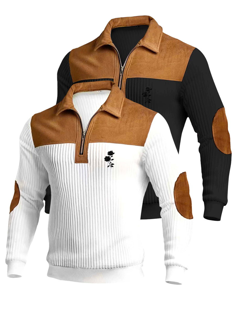 Christmas Men's Gift 2pcs Set: Men's Casual High-Turning-Head Ribbed Half-Zip Stand Collar Pullover - Color-Block Long Sleeve Pullover with Contrasting Color Design, Versatile for Daily Wear, Casual and Sporty Layering Style, Multiple Pieces - Black+White