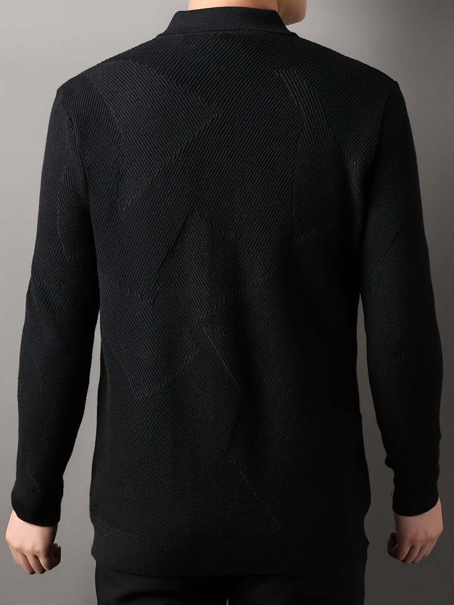 Du Jing Lan OBM Spring/Summer New Arrival Men's Knitted Cardigan, Old Money Style Solid Color Lapel Long Sleeve Open Front Knit Cardigan, Men's Business Casual Fashion Single-Breasted Ribbed Sweater Jacket with Side Pockets, Suitable for Layering - Black