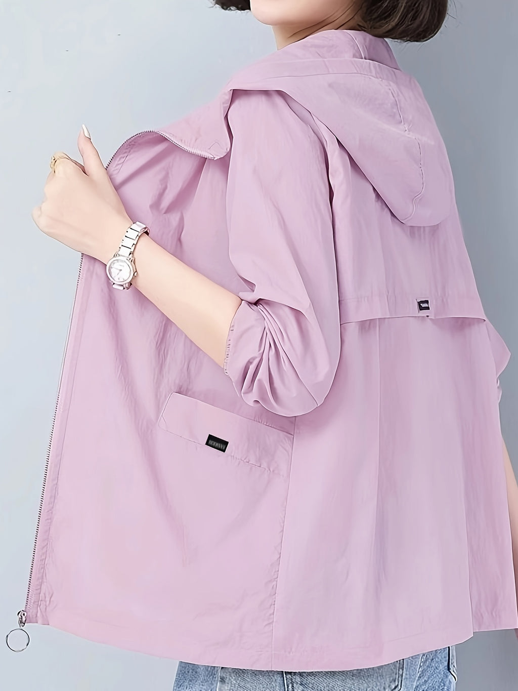 Women's Solid Color Lightweight Windproof Hooded Jacket, Summer Breathable Loose Zip-Up Cardigan for Daily Outings,, Breathable Casual Thin Outerwear Jacket, Lightweight, Portable, and Packable - Violet