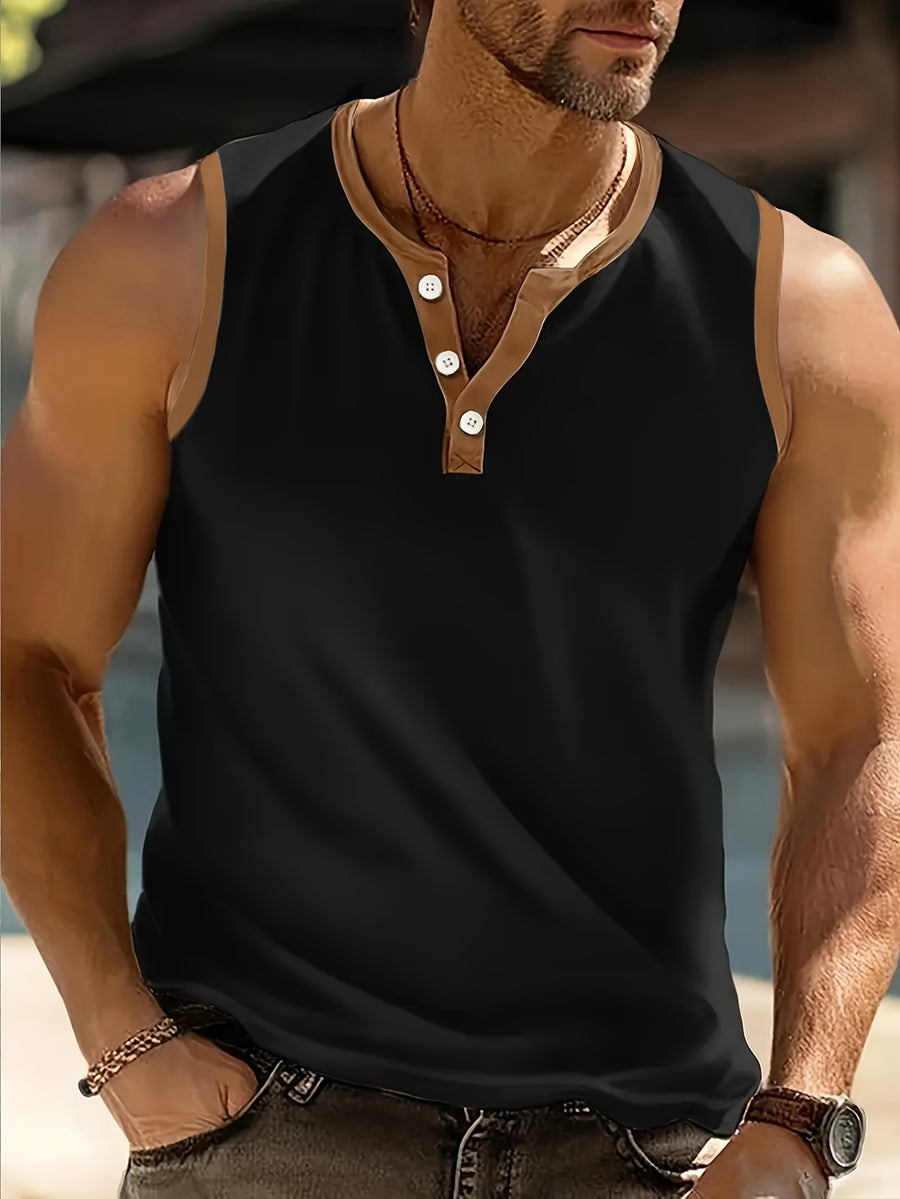 Men's Three-Button Henley Collar Sleeveless Vest with Contrast Binding, Round Neck, Summer Solid Color Casual Sportswear Top - Black