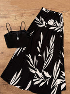 Women'S Spring Autumn Elegant Lace-Up Skirt And Cami Top 2pcs Set - Black