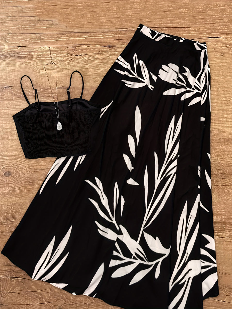 Women'S Spring Autumn Elegant Lace-Up Skirt And Cami Top 2pcs Set - Black