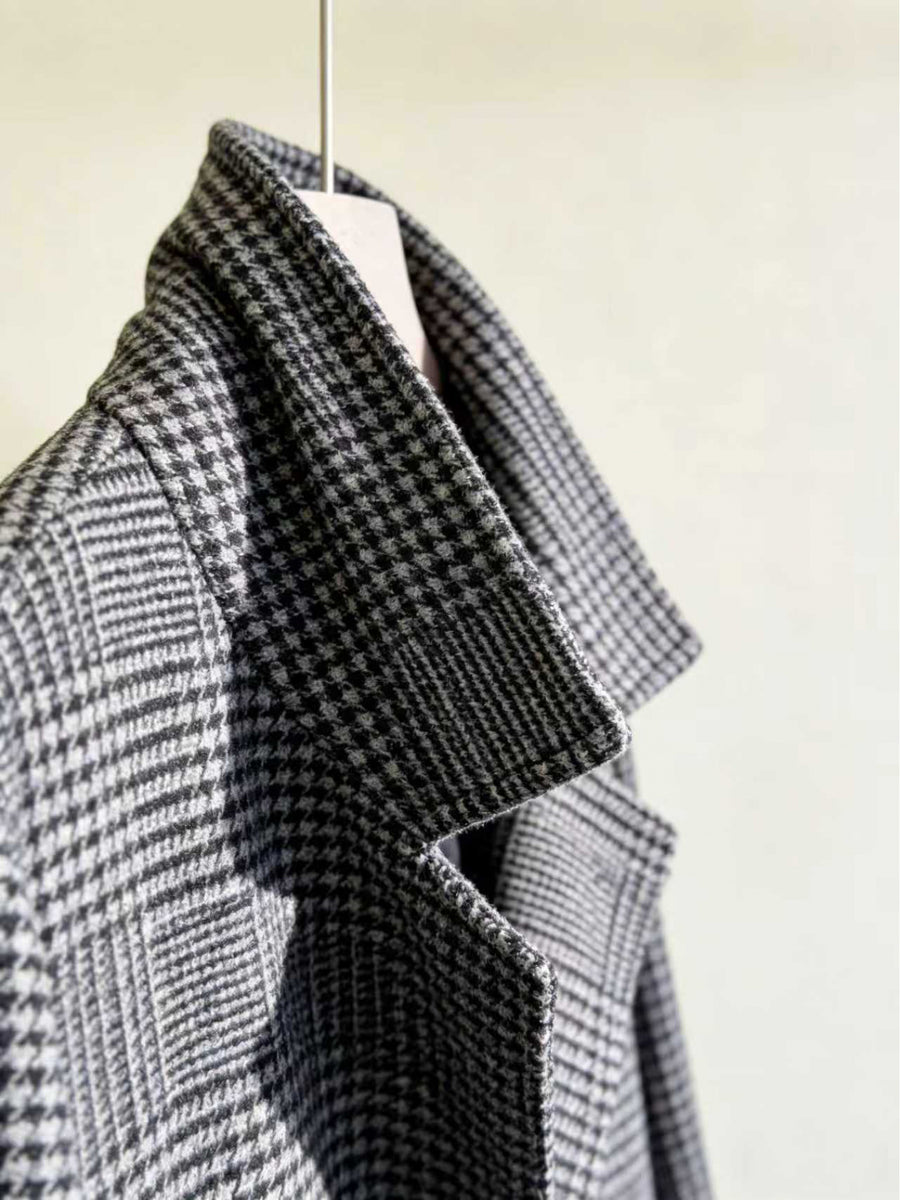2026 Spring/Autumn Men's Fashionable and Stylish Houndstooth Check Overcoat, Versatile Outdoor Social Trench Coat - Grey