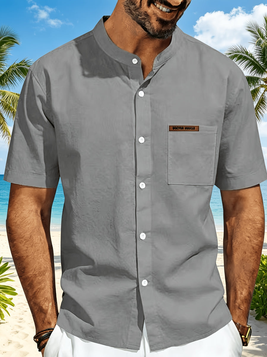 Men's Minimalist Vacation Style Stand Collar Linen Short Sleeve Shirt, 95% Linen 5% Polyester, Breathable with Label Pocket, Fashionable Beachside Pool Casual Shirt - Grey