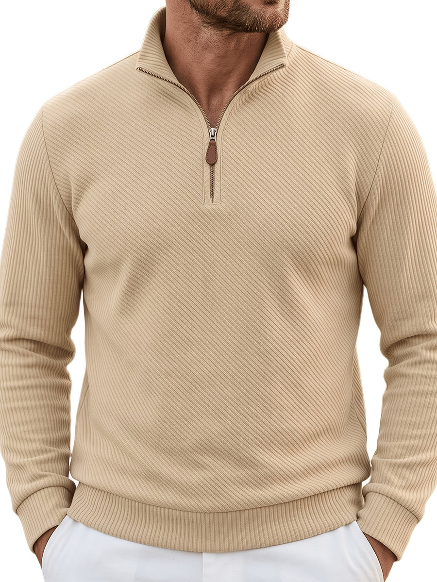 2pcs Men'S Autumn Winter New Corduroy Textured Half-Zip Stand Collar Knit Sweater Set, Light Luxury Long Sleeve Elastic Ribbed Base Layer Business Casual Inner Outerwear; Daily Commute, Home Entertaining, Camping Dating Scenarios - Light Blue+Khaki