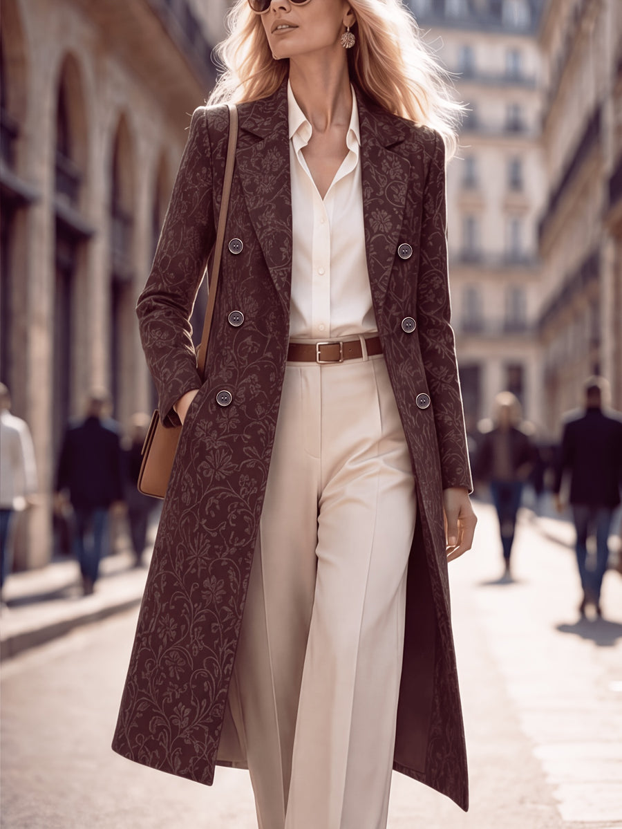 Women'S Spring Autumn New Vintage Printed Long Blazer, Double-Breasted Coat with Lining And Pockets - Chocolate Mocha