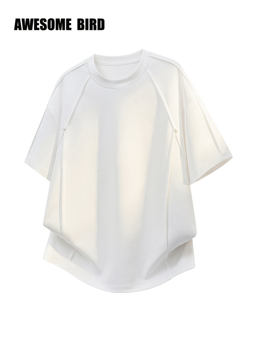 American-style Heavyweight Deconstructed Rivet-Patch Short-Sleeve T-Shirt for Men, Summer Lightweight Fiber Fabric Quick-Dry Loose Fit Tee - White