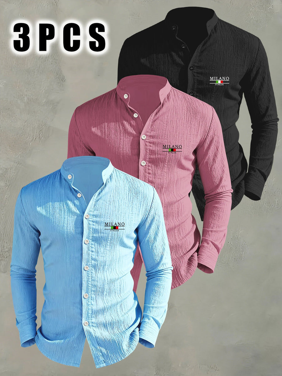 3pcs Men'S Lightweight Breathable Long Sleeve Shirts, Trendy "MILANO" Letter Flag Pattern Print - Fashionable Versatile Stand-Up Collar Comfortable Open Cardigan, Suitable for All Seasons, Beach, Outdoor, Travel Vacation, Party Daily Casual Wear - Sky Blue + Rose Red + Black