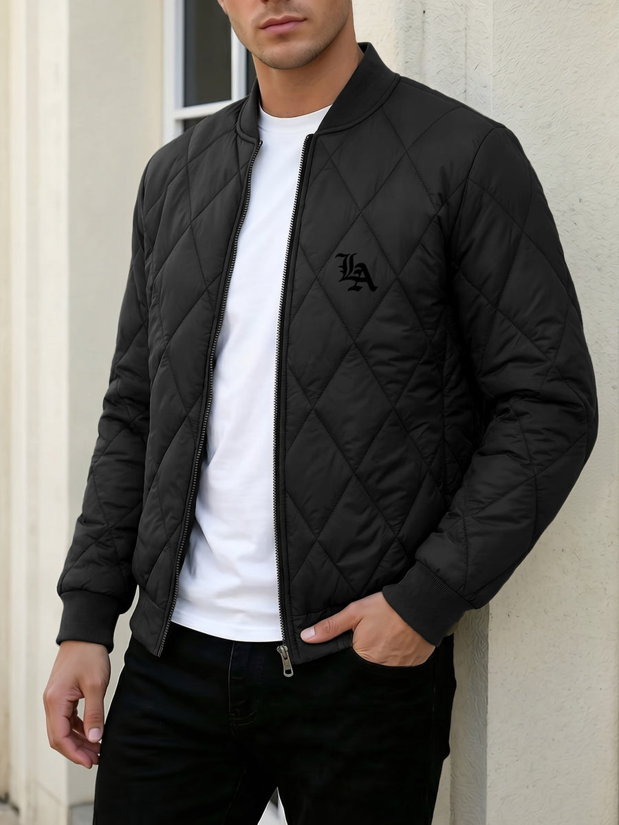 Autumn Winter New Fashion Trendy Black LA Pattern Outdoor Activity Casual Commute Leisure Baseball Collar Classic Style Men'S Non-Stretch All-Match Striped Jacket Coat - Black