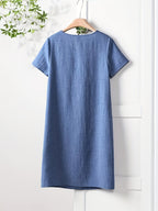 Women's Short-Sleeve Dress with Functional Pockets - Straight-Cut -Line Mid-Length Dress, Loose Fit Round Neck Short Sleeve Dress Suitable for Spring Summer Fall, Casual to Semi-Formal Wear, Machine Washable Solid Color Dress - Blue