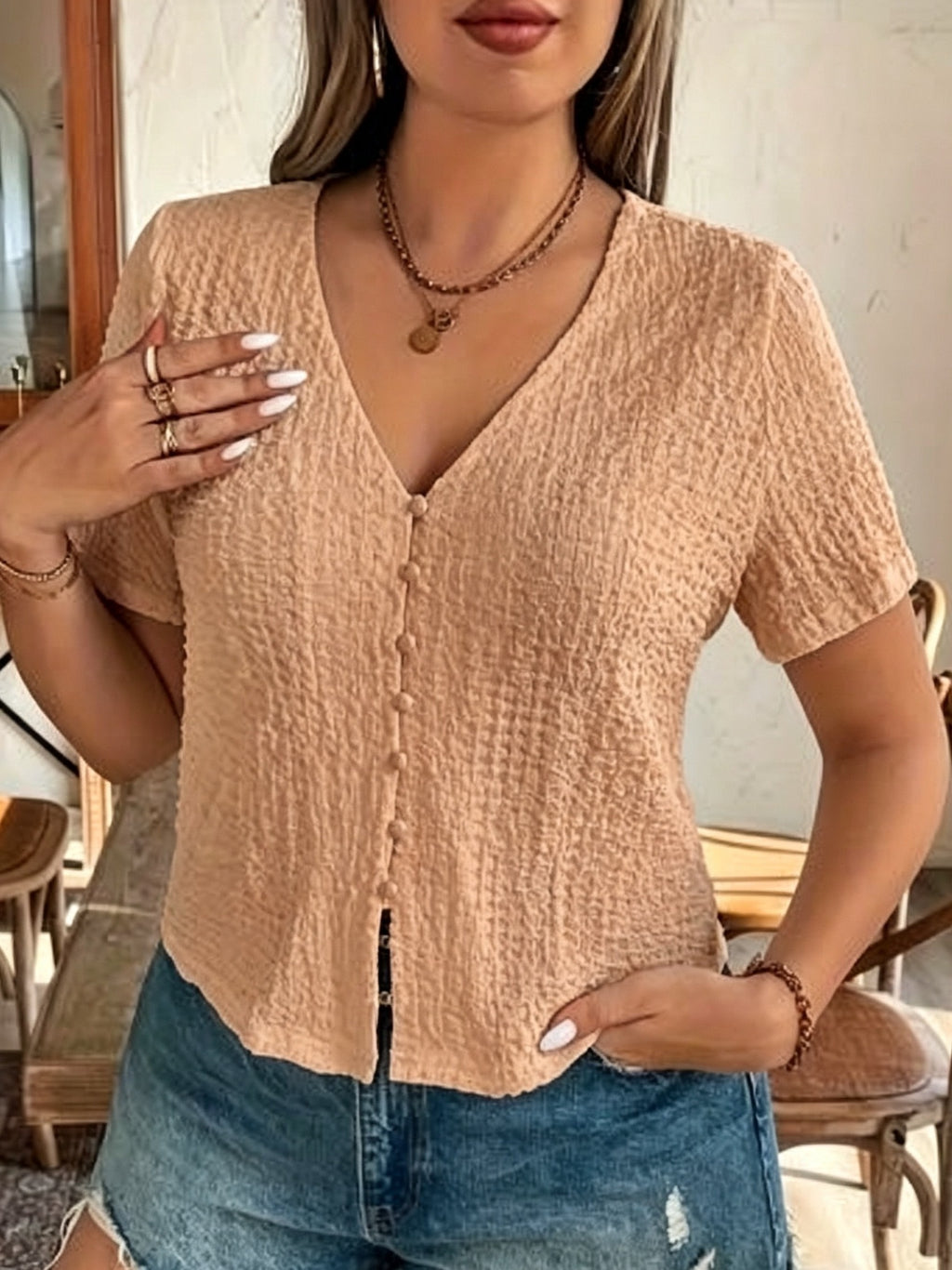 Button- V-neck Shirt - Rust