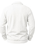 1pc Men's Striped Jacquard Long-Sleeve Polo Shirt, Autumn/Winter Textured Vintage Style Outdoor Casual Henley Top - White