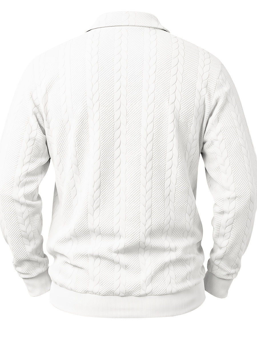 1pc Men's Striped Jacquard Long-Sleeve Polo Shirt, Autumn/Winter Textured Vintage Style Outdoor Casual Henley Top - White
