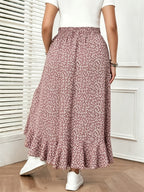 French-Style Floral Print Flowy Half-Skirt, High-Waisted Irregular Ruffle Hem Maxi Skirt - Pink Small Floral