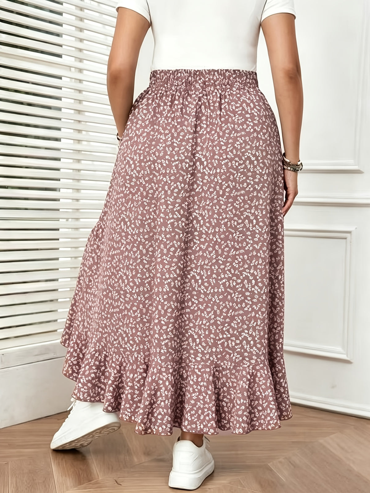 French-Style Floral Print Flowy Half-Skirt, High-Waisted Irregular Ruffle Hem Maxi Skirt - Pink Small Floral