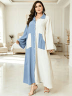 Plus Size, Islamic Blue and Beige Color-Block Shirt Collar Button-Up Plus Size Abaya, Arabic Ramadan Eid Al-Adha Eid Al-Adha Sacrifice Festival Robe with Pockets, Loose Fit Long Sleeve Full-Length Muslim Cover-Up Gown - Gray Blue